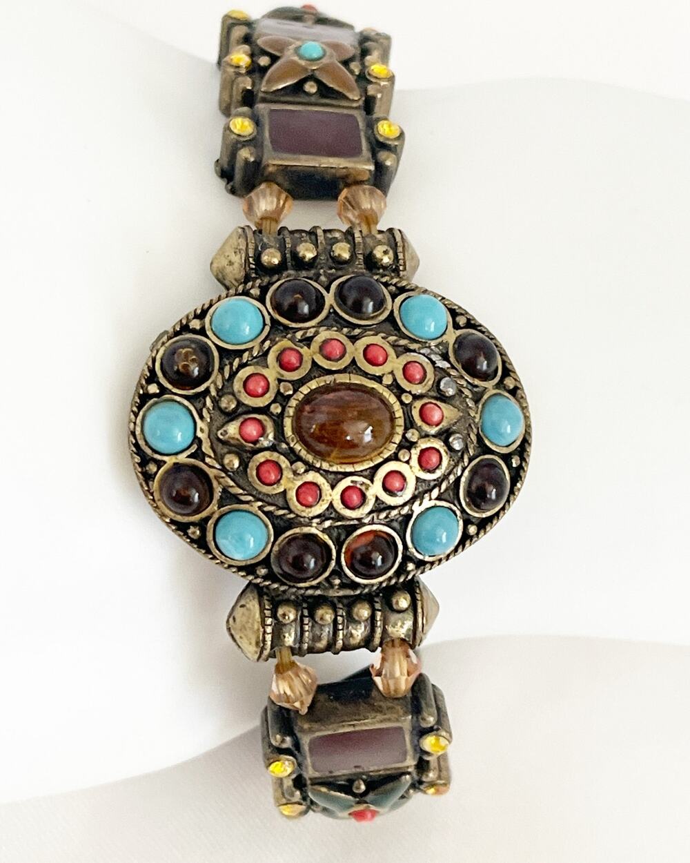 VINTAGE Metal Square Stretch Bracelet Patterned with Multi Colored Stones